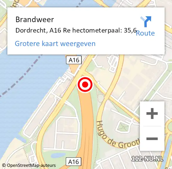 Locatie op kaart van de 112 melding: Brandweer Dordrecht, A16 Re hectometerpaal: 35,6 op 4 maart 2019 19:06