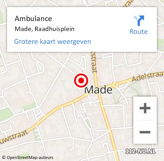 Locatie op kaart van de 112 melding: Ambulance Made, Raadhuisplein op 5 maart 2019 12:48