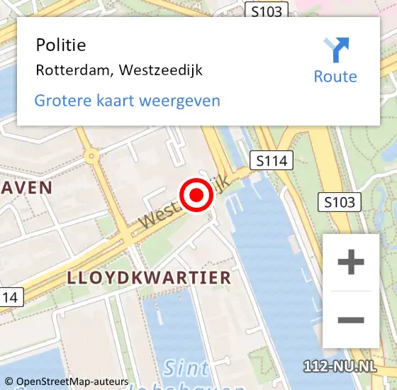 Locatie op kaart van de 112 melding: Politie Rotterdam, Westzeedijk op 6 maart 2019 17:09