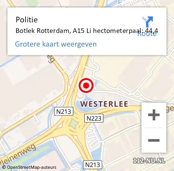 Locatie op kaart van de 112 melding: Politie Botlek Rotterdam, A15 Li hectometerpaal: 44,4 op 6 maart 2019 17:43