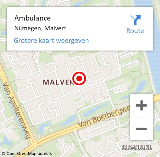 Locatie op kaart van de 112 melding: Ambulance Nijmegen, Malvert op 8 maart 2019 14:17
