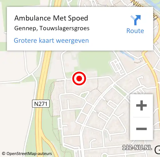 Locatie op kaart van de 112 melding: Ambulance Met Spoed Naar Gennep, Touwslagersgroes op 9 maart 2019 13:37