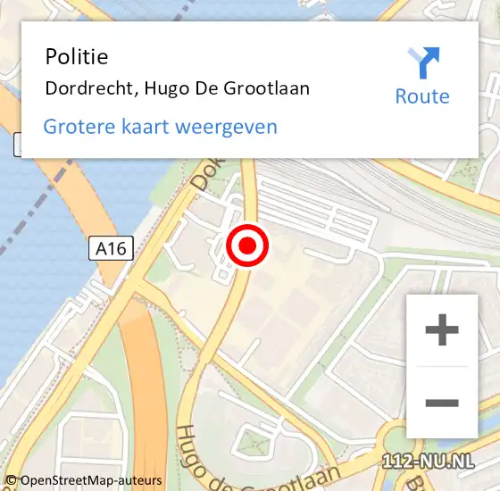 Locatie op kaart van de 112 melding: Politie Dordrecht, Hugo De Grootlaan op 9 maart 2019 15:58
