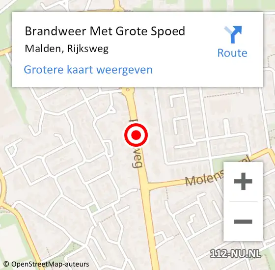 Locatie op kaart van de 112 melding: Brandweer Met Grote Spoed Naar Malden, Rijksweg op 9 maart 2019 17:43