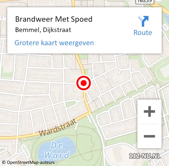 Locatie op kaart van de 112 melding: Brandweer Met Spoed Naar Bemmel, Dijkstraat op 9 maart 2019 19:06