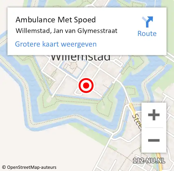 Locatie op kaart van de 112 melding: Ambulance Met Spoed Naar Willemstad, Jan van Glymesstraat op 10 maart 2019 22:33