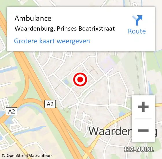 Locatie op kaart van de 112 melding: Ambulance Waardenburg, Prinses Beatrixstraat op 11 maart 2019 14:43