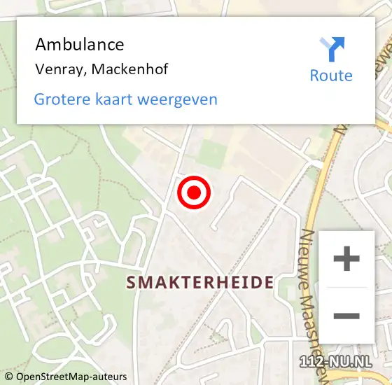Locatie op kaart van de 112 melding: Ambulance Venray, Mackenhof op 12 maart 2019 15:09