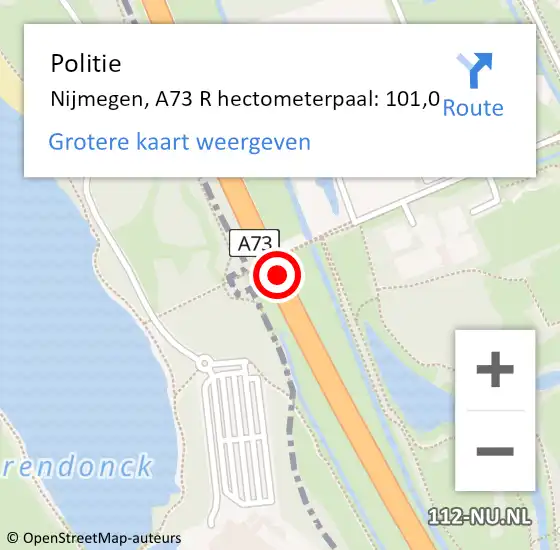 Locatie op kaart van de 112 melding: Politie Nijmegen, A73 R hectometerpaal: 101,0 op 14 maart 2019 14:43