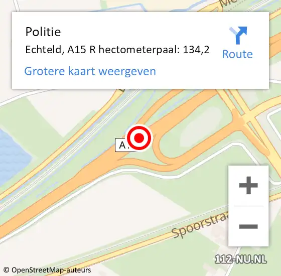 Locatie op kaart van de 112 melding: Politie Echteld, A15 R hectometerpaal: 134,5 op 15 maart 2019 11:15