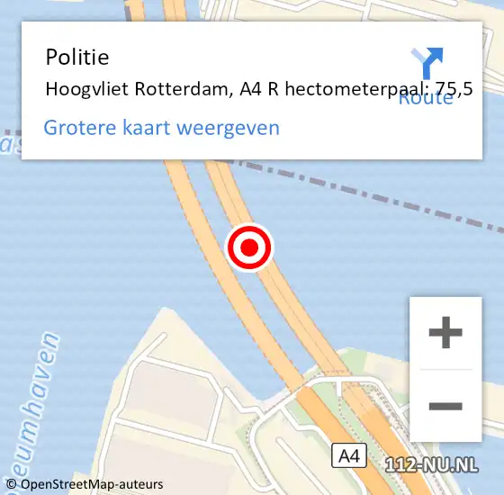 Locatie op kaart van de 112 melding: Politie Hoogvliet Rotterdam, A4 R hectometerpaal: 75,5 op 15 maart 2019 11:56