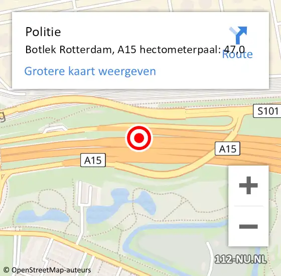 Locatie op kaart van de 112 melding: Politie Botlek Rotterdam, A15 hectometerpaal: 47,0 op 15 maart 2019 14:21