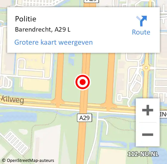 Locatie op kaart van de 112 melding: Politie Barendrecht, A29 R op 20 maart 2019 14:40