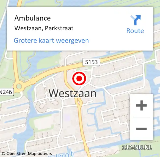 Locatie op kaart van de 112 melding: Ambulance Westzaan, Parkstraat op 21 maart 2019 13:00