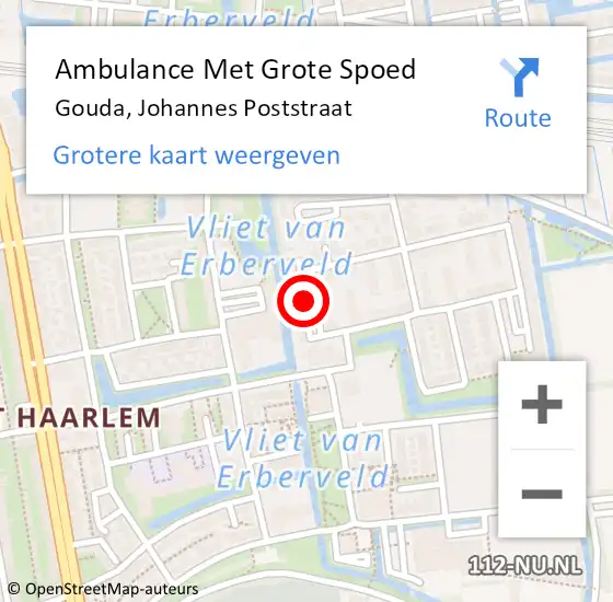 Locatie op kaart van de 112 melding: Ambulance Met Grote Spoed Naar Gouda, Johannes Poststraat op 24 maart 2019 09:56