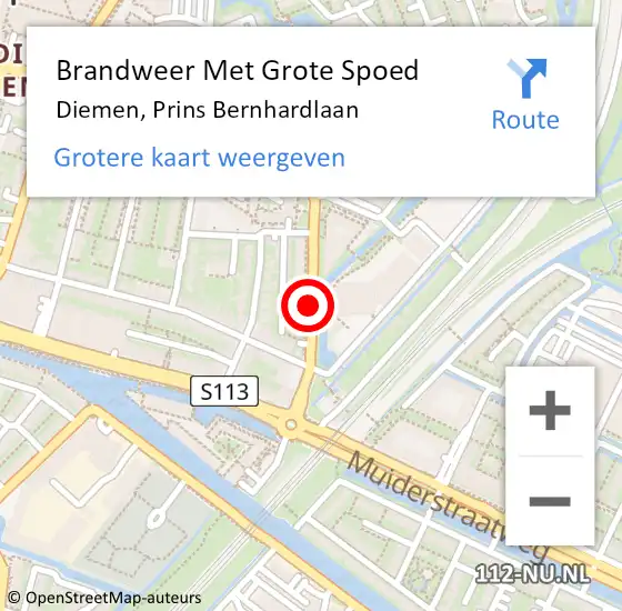 Locatie op kaart van de 112 melding: Brandweer Met Grote Spoed Naar Diemen, Prins Bernhardlaan op 25 maart 2019 12:22