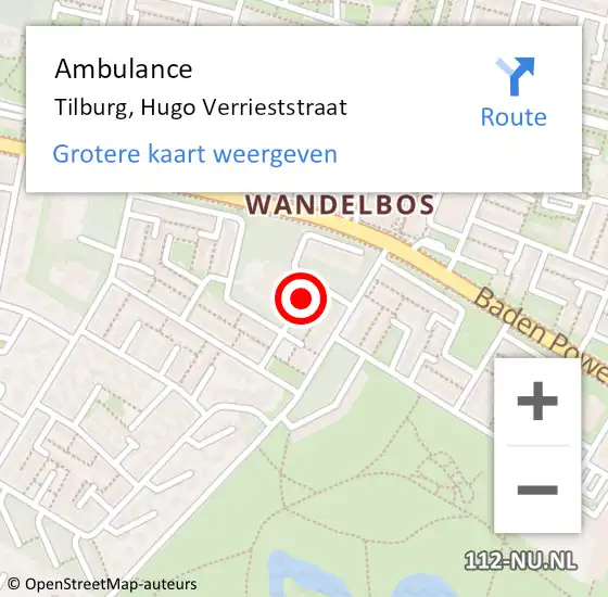 Locatie op kaart van de 112 melding: Ambulance Tilburg, Hugo Verrieststraat op 25 maart 2019 13:48