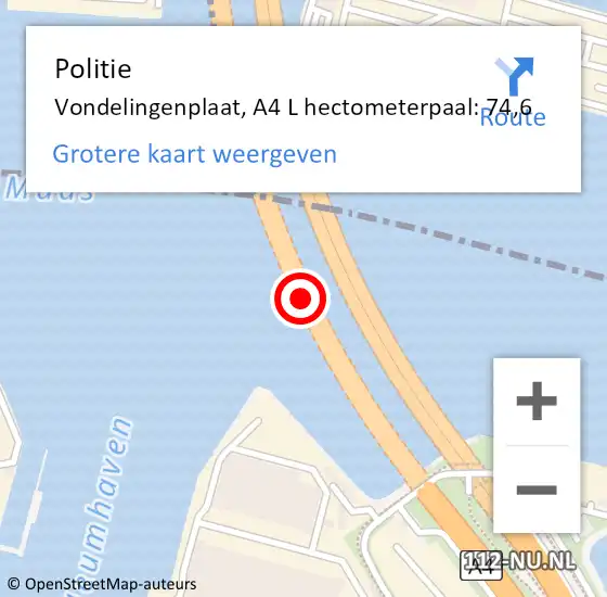 Locatie op kaart van de 112 melding: Politie Vondelingenplaat, A4 Li hectometerpaal: 74,1 op 26 maart 2019 08:23