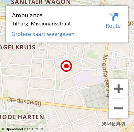 Locatie op kaart van de 112 melding: Ambulance Tilburg, Missionarisstraat op 26 maart 2019 12:33