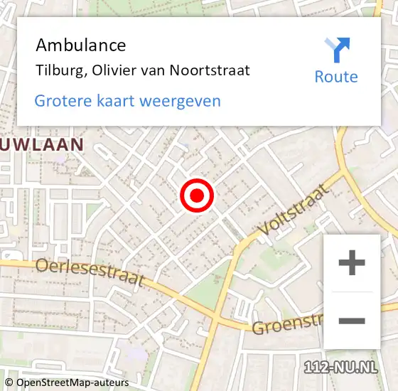 Locatie op kaart van de 112 melding: Ambulance Tilburg, Olivier van Noortstraat op 26 maart 2019 13:30