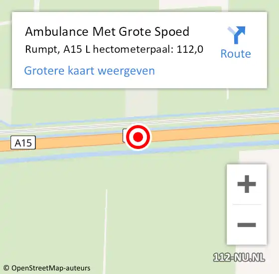 Locatie op kaart van de 112 melding: Ambulance Met Grote Spoed Naar Rumpt, A15 L hectometerpaal: 112,0 op 28 maart 2019 16:13