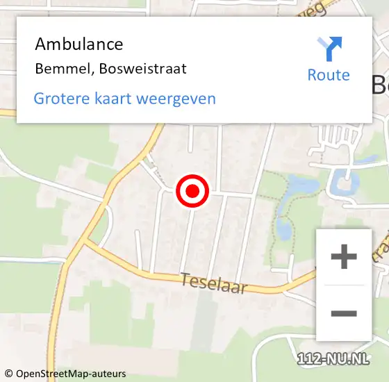Locatie op kaart van de 112 melding: Ambulance Bemmel, Bosweistraat op 29 maart 2019 10:38