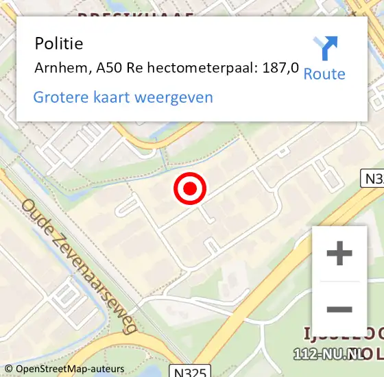 Locatie op kaart van de 112 melding: Politie Arnhem, A50 Re hectometerpaal: 187,0 op 29 maart 2019 15:28