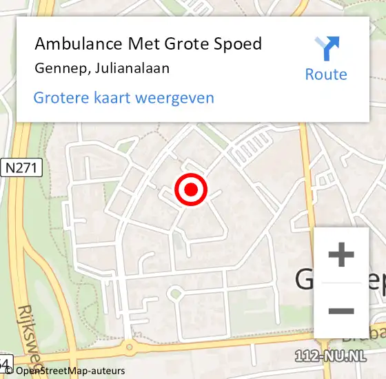 Locatie op kaart van de 112 melding: Ambulance Met Grote Spoed Naar Gennep, Julianalaan op 30 maart 2019 06:20