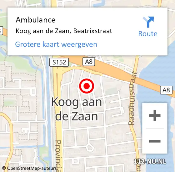 Locatie op kaart van de 112 melding: Ambulance Koog aan de Zaan, Beatrixstraat op 31 maart 2019 15:01