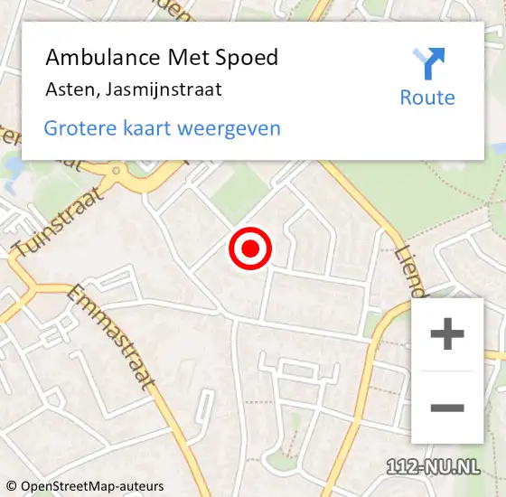 Locatie op kaart van de 112 melding: Ambulance Met Spoed Naar Asten, Jasmijnstraat op 2 april 2019 02:26