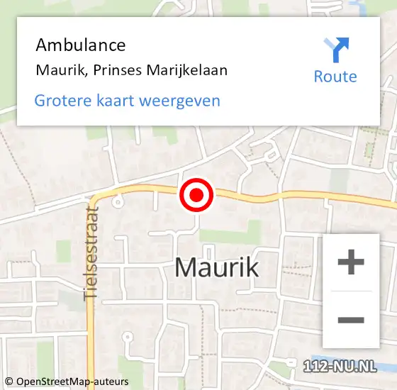 Locatie op kaart van de 112 melding: Ambulance Maurik, Prinses Marijkelaan op 2 april 2019 23:50