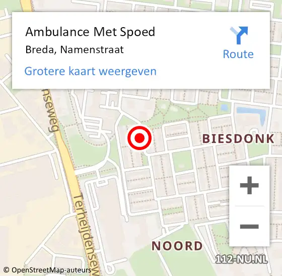 Locatie op kaart van de 112 melding: Ambulance Met Spoed Naar Breda, Namenstraat op 3 april 2019 14:40