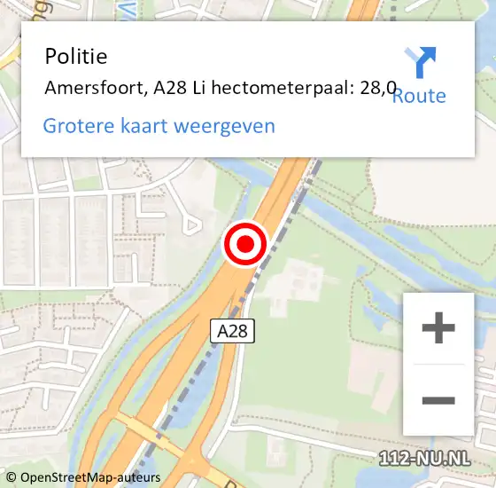 Locatie op kaart van de 112 melding: Politie Amersfoort, A28 Re hectometerpaal: 26,8 op 4 april 2019 21:50