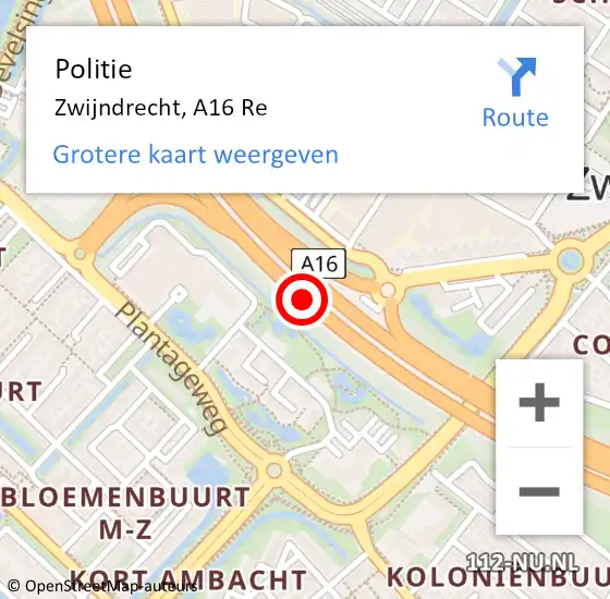 Locatie op kaart van de 112 melding: Politie Zwijndrecht, A16 Re op 5 april 2019 07:29