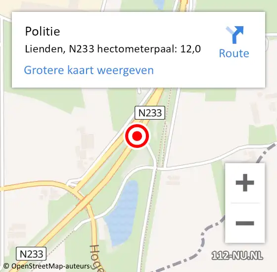 Locatie op kaart van de 112 melding: Politie Lienden, N233 hectometerpaal: 12,0 op 5 april 2019 10:12