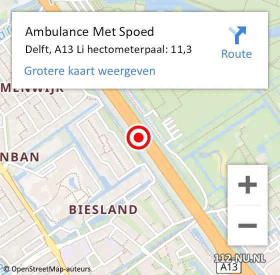 Locatie op kaart van de 112 melding: Ambulance Met Spoed Naar Delft, A13 Re hectometerpaal: 11,2 op 6 april 2019 08:15