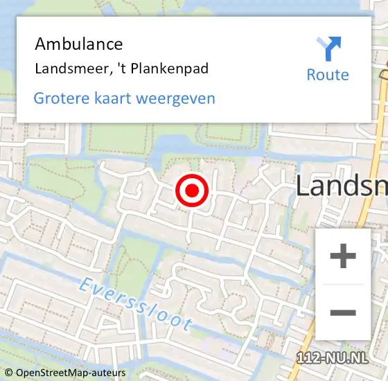 Locatie op kaart van de 112 melding: Ambulance Landsmeer, 't Plankenpad op 7 april 2019 20:33