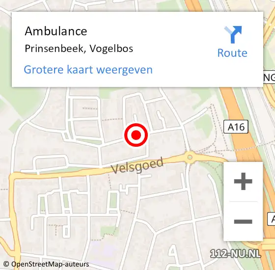 Locatie op kaart van de 112 melding: Ambulance Prinsenbeek, Vogelbos op 9 april 2019 13:35