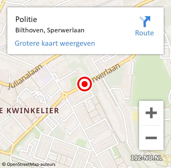 Locatie op kaart van de 112 melding: Politie Bilthoven, Sperwerlaan op 10 april 2019 07:47