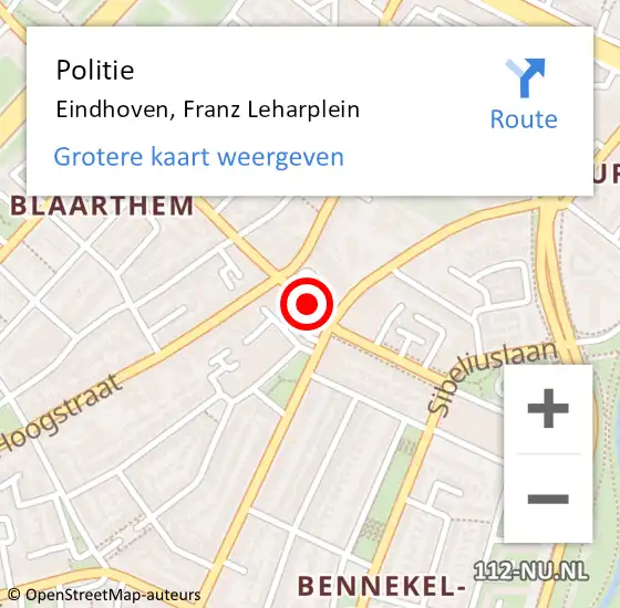 Locatie op kaart van de 112 melding: Politie Eindhoven, Franz Leharplein op 15 april 2019 19:40