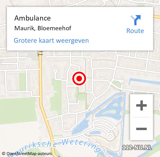 Locatie op kaart van de 112 melding: Ambulance Maurik, Bloemeehof op 16 april 2019 10:23