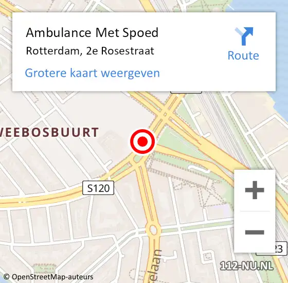 Locatie op kaart van de 112 melding: Ambulance Met Spoed Naar Rotterdam, 2e Rosestraat op 17 april 2019 17:15