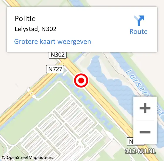 Locatie op kaart van de 112 melding: Politie Lelystad, N302 op 18 april 2019 17:39