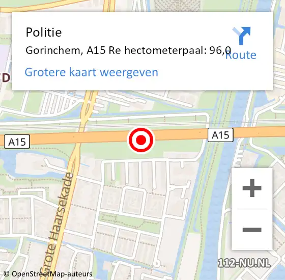 Locatie op kaart van de 112 melding: Politie Gorinchem, A15 Li hectometerpaal: 97,0 op 19 april 2019 17:51