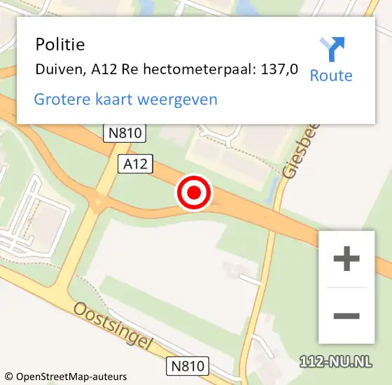 Locatie op kaart van de 112 melding: Politie Duiven, A12 Re hectometerpaal: 137,0 op 19 april 2019 19:25