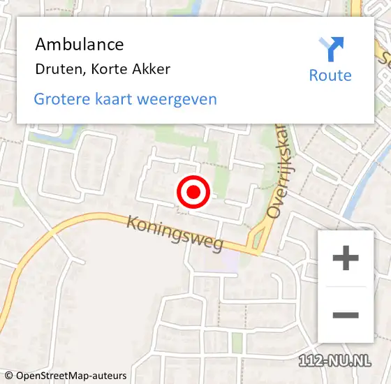 Locatie op kaart van de 112 melding: Ambulance Druten, Korte Akker op 19 april 2019 23:26