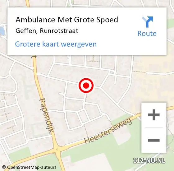 Locatie op kaart van de 112 melding: Ambulance Met Grote Spoed Naar Geffen, Runrotstraat op 20 april 2019 11:08