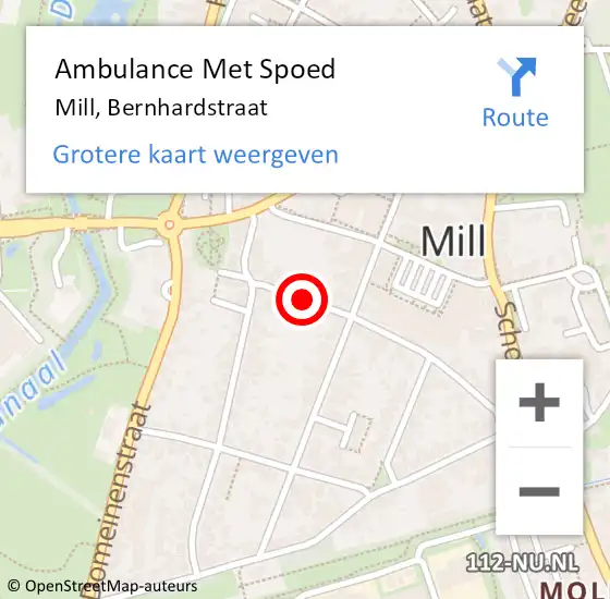 Locatie op kaart van de 112 melding: Ambulance Met Spoed Naar Mill, Bernhardstraat op 21 april 2019 01:09