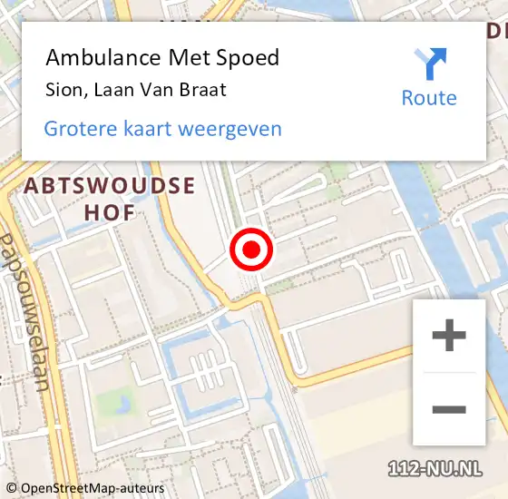 Locatie op kaart van de 112 melding: Ambulance Met Spoed Naar Sion, Laan Van Braat op 21 april 2019 21:04