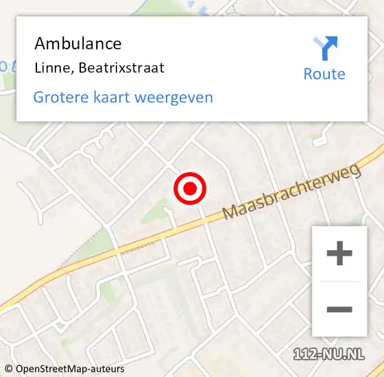 Locatie op kaart van de 112 melding: Ambulance Linne, Beatrixstraat op 22 april 2019 11:15